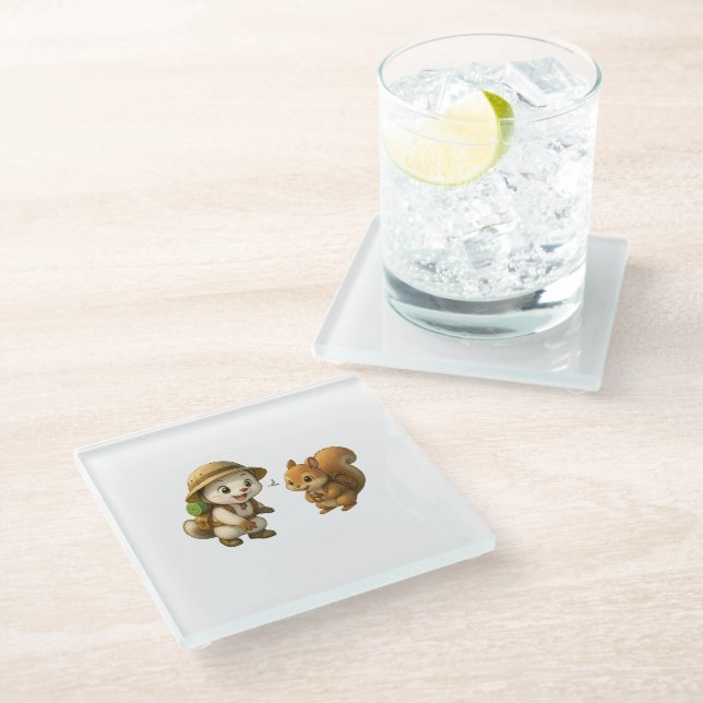 Cute Okojo and Squirrel – Okojo and Friends Glass Coaster (Angled)