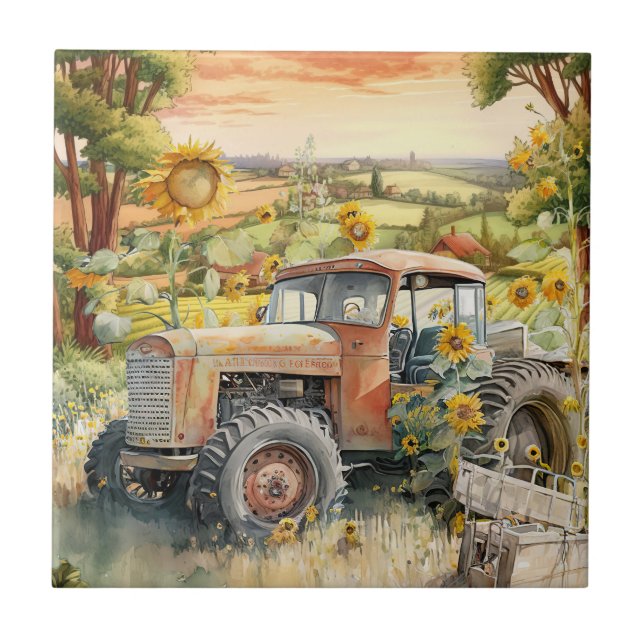 cute old Country tractor Ceramic Tile (Front)