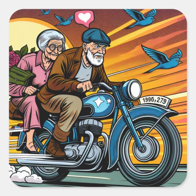 Cute Old Couple on Motorcycle Living Life Square Sticker (Front)
