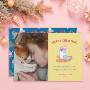 Cute Old English Sheepdog sledge Yellow Christmas  Holiday Card