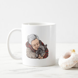 Cute Old Woman and French Bulldog Cartoon Portrait Coffee Mug