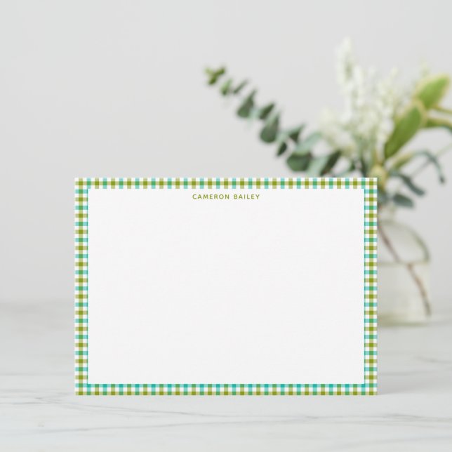 Cute Olive Green Teal Gingham Plaid Personalized Card (Standing Front)