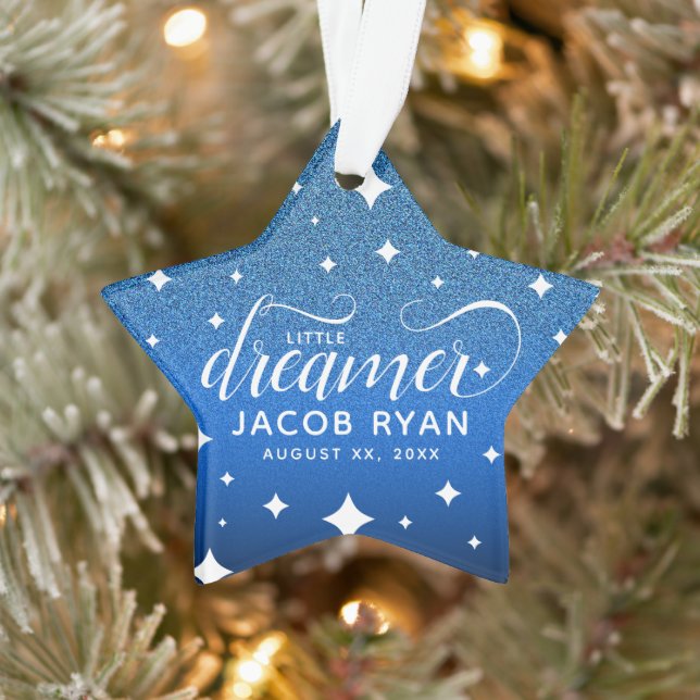 Cute Ombre Blue Glitter Starry Little Dreamer Baby Ornament (Tree)