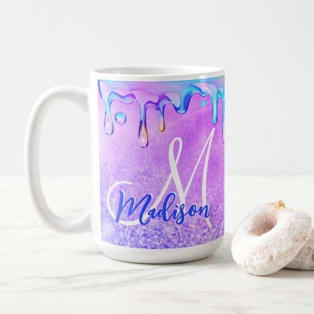 Cute ombre purple pink glitter unicorn monogram no coffee mug (With Donut)