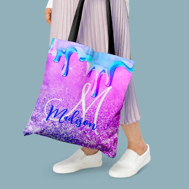 Cute ombre purple pink glitter unicorn monogram no tote bag (Creator Uploaded)