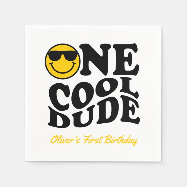 Cute One Cool Dude Retro Happy Face 1st Birthday Napkin (Front)