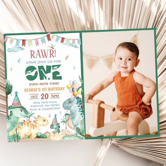 Cute One Dino Mite Dinosaur 1st Birthday Photo Invitation (Creator Uploaded)