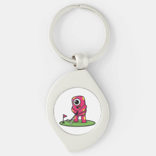 Cute One-Eyed Pink Monster Playing Golf Cartoon Key Ring