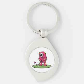 Cute One-Eyed Pink Monster Playing Golf Cartoon Key Ring