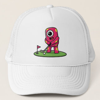 Cute One-Eyed Pink Monster Playing Golf Cartoon Trucker Hat