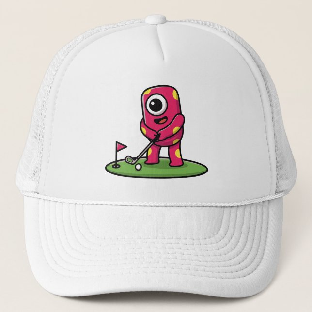 Cute One-Eyed Pink Monster Playing Golf Cartoon Trucker Hat (Front)