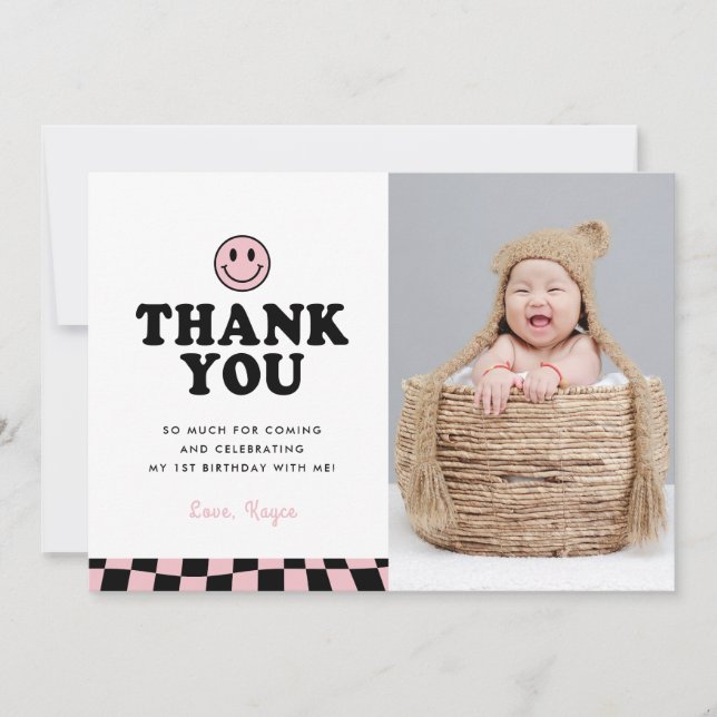 Cute One Happy Babe Happy Photo Girl 1st Birthday Thank You Card (Front)