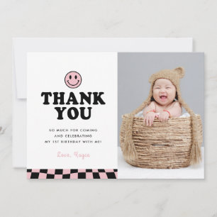 Cute One Happy Babe Happy Photo Girl 1st Birthday Thank You Card