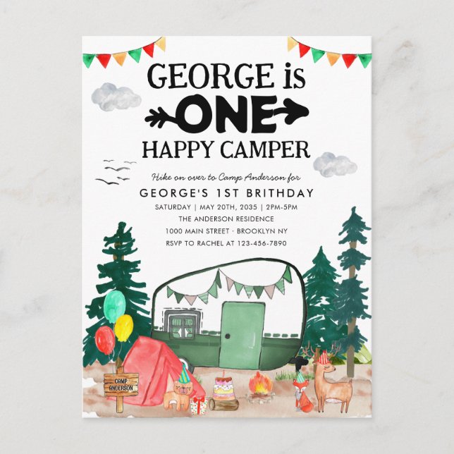 Cute ONE Happy Camper Woods Camping 1st Birthday Postcard (Front)