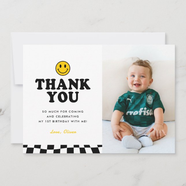 Cute One Happy Dude Happy Photo Boy 1st Birthday Thank You Card (Front)