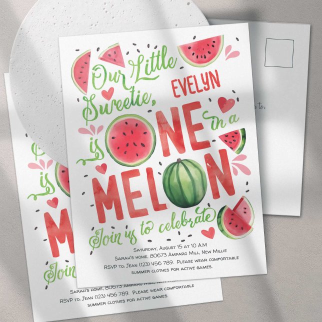 Cute One in a Melon, Baby Girl Summer 1st Birthday Invitation Postcard (Summer Cute Red Watercolor One In a Melon, Watercolor Themed Girl 1st Birthday Postcard Invites.)