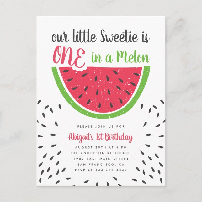 Cute One In A Melon Watermelon Kids 1st Birthday Invitation Postcard (Front)
