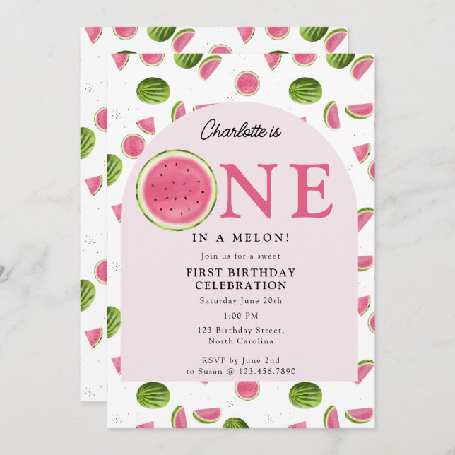 Cute One in a Melon Watermelon Summer Birthday Invitation (Front/Back)