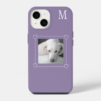 Cute One Photo Dog Single Initial Purple iPhone 14 Case