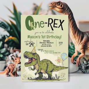 Cute One-Rex Dinosaur Cartoon 1st Birthday Party Invitation