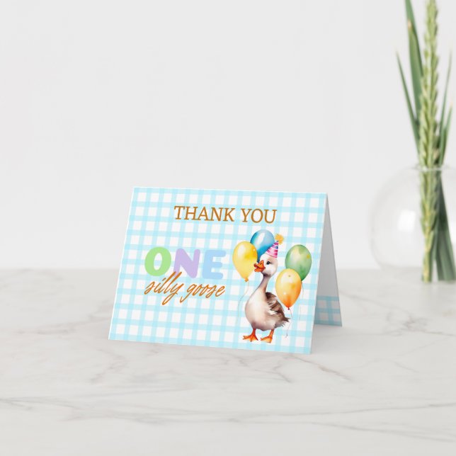 Cute One Silly Goose Blue Boy 1st Birthday Thank You Card (Front)