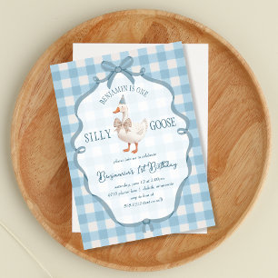 Cute One Silly Goose Blue First Birthday Invitation