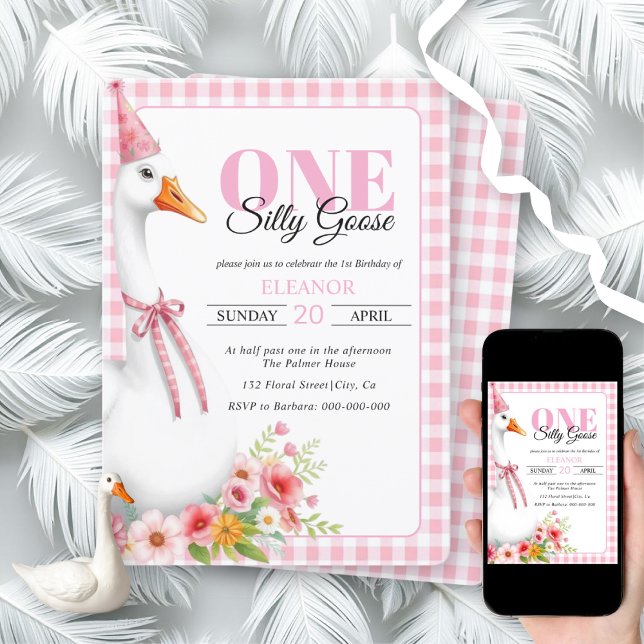 Cute One silly goose, gingham girl's 1st birthday  Invitation (Creator Uploaded)