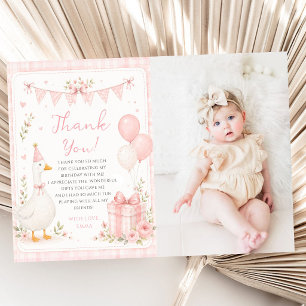 Cute One Silly Goose Pink Bow 1st Birthday Photo Thank You Card