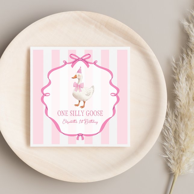 Cute One Silly Goose Pink Bow First Birthday Napkin (Cute One Silly Goose Pink Bow First Birthday Napkins)