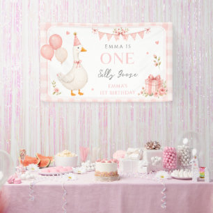 Cute One Silly Goose Pink Bow Girl 1st Birthday Banner