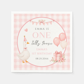 Cute One Silly Goose Pink Bow Girl 1st Birthday Napkin