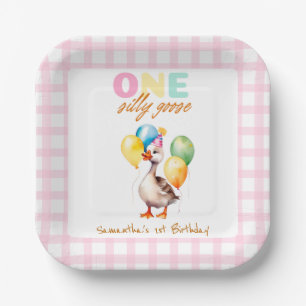 Cute One Silly Goose Pink Girl 1st Birthday Paper Plate