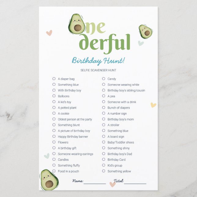 Cute Onederful Avocado 1st Birthday Game Card (Front)