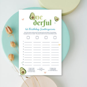 Cute Onederful Avocado 1st Birthday Game Card