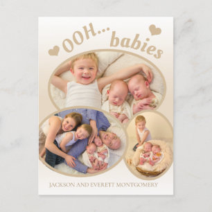 Cute Ooh Babies Twin Photo Tan Birth Announcement