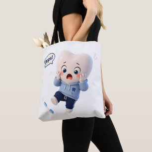 Cute Oops Tooth Character White Canvas Tote Bag