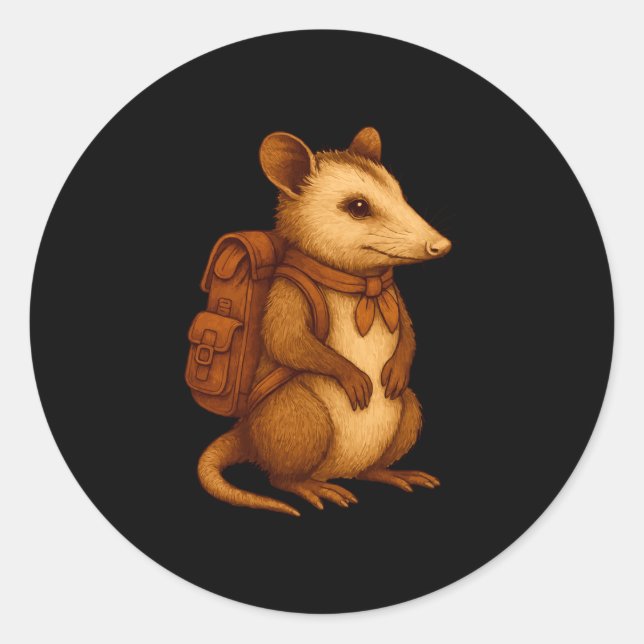 Cute opossum backpacker camping hiker forest classic round sticker (Front)