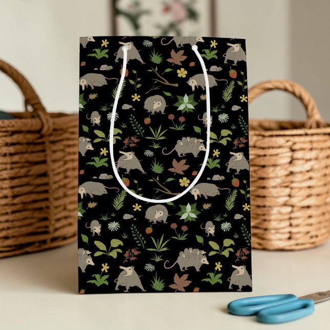 Cute Opossum Dark Botanical Woodland Gift Medium Gift Bag (A funny screaming opossum patter on a black gift bag, perfect for a modern wild one woodland party.)