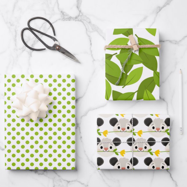 Cute Opossum Faces, Green Leaves & Circles Pattern Wrapping Paper Sheet (Front)