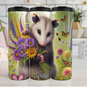 Cute Opossum Holding Flowers Thermal Tumbler
