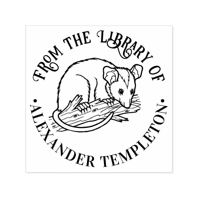 Cute Opossum on Branch Round Library Book Name Self-inking Stamp (Design)