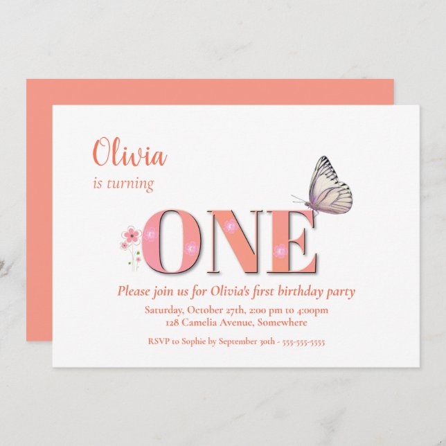 Cute Orange 1st Birthday Party Invitation (Front/Back)