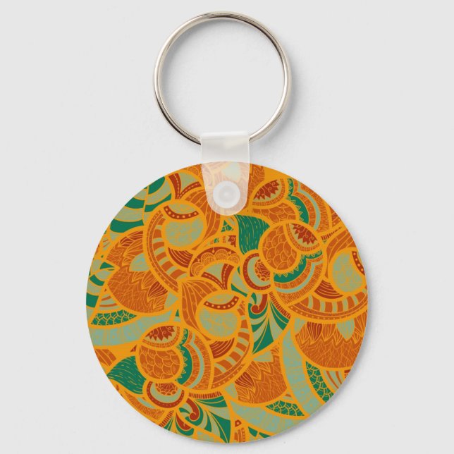 Cute orange abstract seamless flowers ceramic tile key ring (Front)