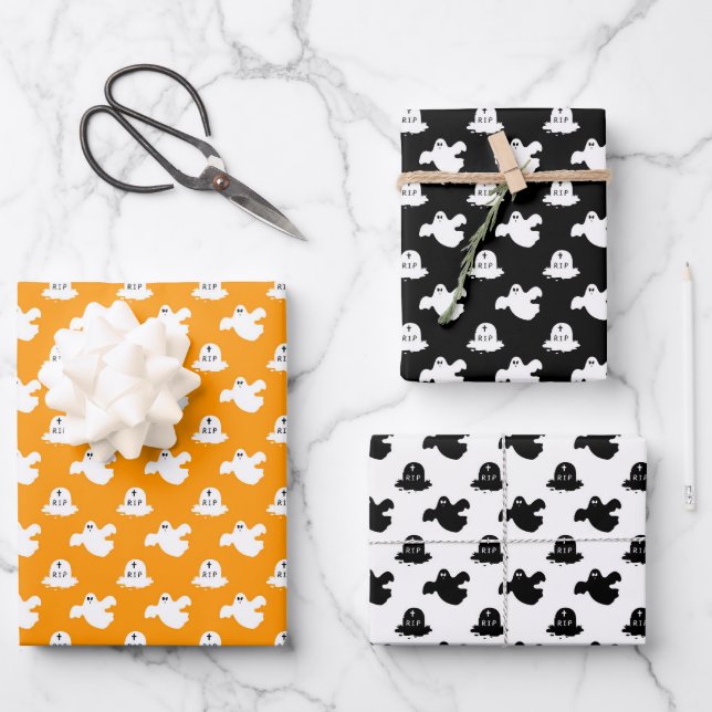 Cute Orange And Black Ghost Halloween Wrapping Paper Sheet (Front)