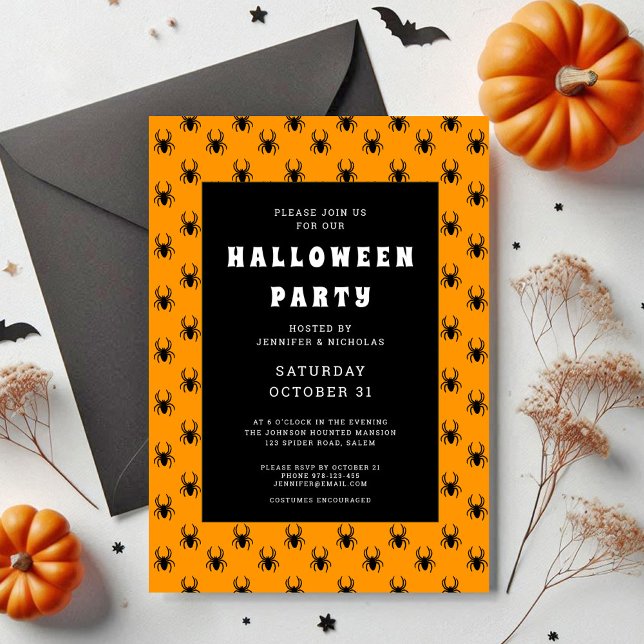 Cute Orange And Black Spiders Halloween Party Invitation (Cute Spiders Orange Halloween Party Invitation)