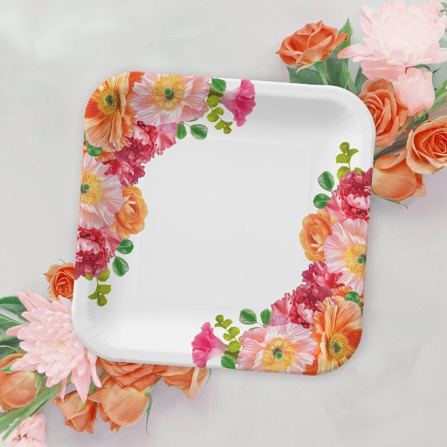 Cute Orange and Bright Pink Floral Bridal Shower Paper Plate (Creator Uploaded)