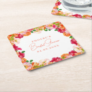 Cute Orange and Bright Pink Floral Bridal Shower Square Paper Coaster