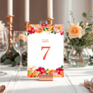 Cute Orange and Bright Pink Floral Bridal Shower Table Number