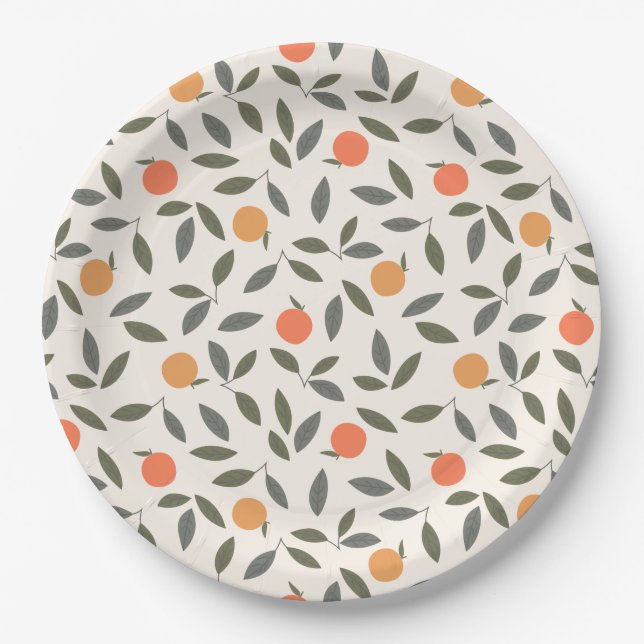 Cute Orange and Leaves Pattern Paper Plate (Front)