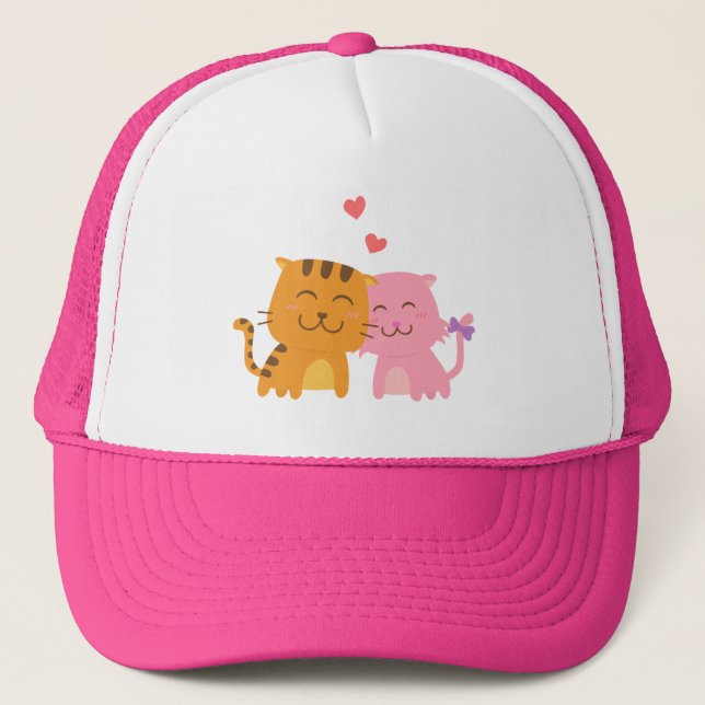 Cute Orange and Pink Cat in Love Trucker Hat (Front)